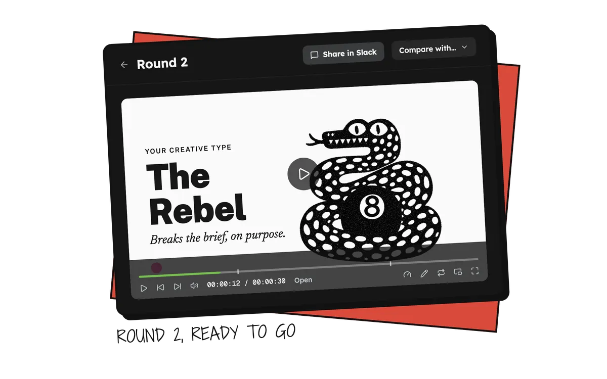 Round 2 of Communiti's The Rebel, open in Jerome's review screen with Share in Slack and Compare with, ready to share or take further.