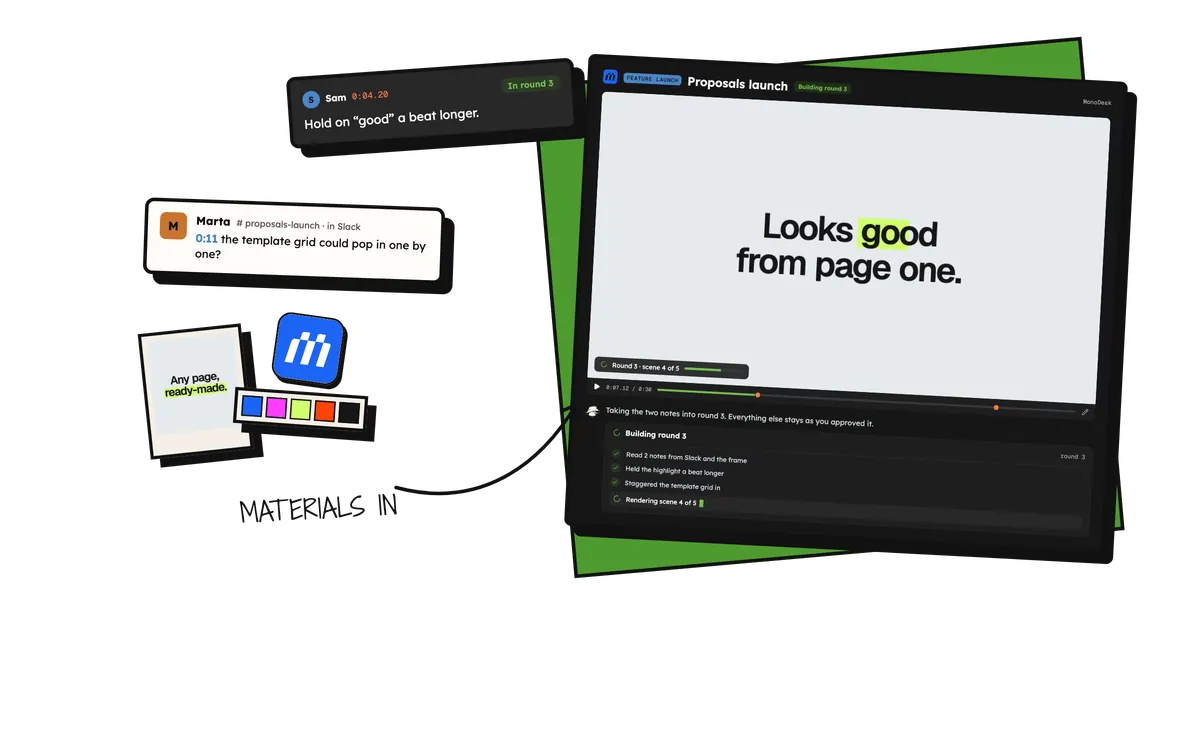 Jerome building round 3 of MonoDesk's Proposals launch: two notes come in, one from the frame and one from Slack, with MonoDesk's logo, colours and a one-pager as the materials, and Jerome reports what it changed as it renders.