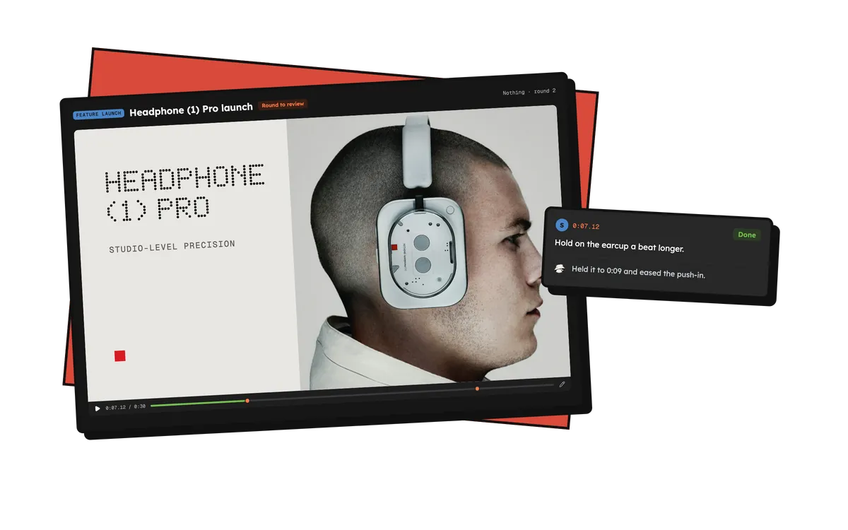 A round of the Headphone (1) Pro launch under review in Jerome, with a note at 0:07 to hold on the earcup a beat longer and Jerome's reply, marked done.