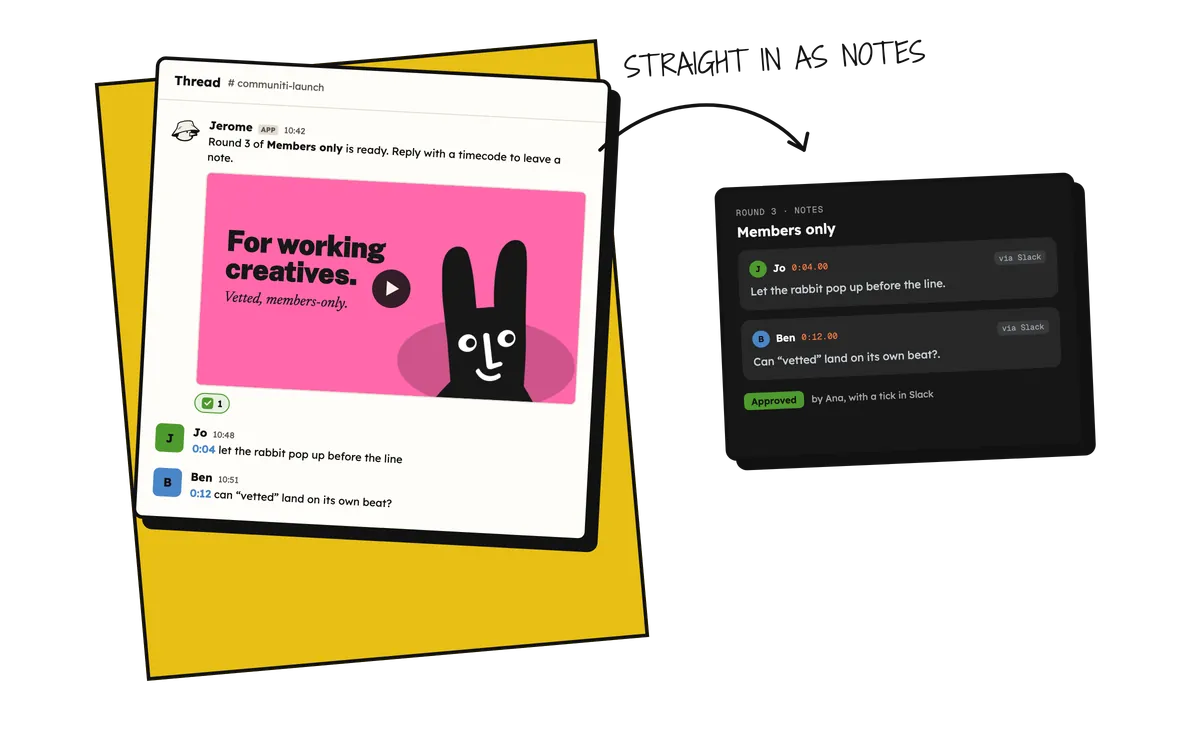 A Slack thread in #communiti-launch: Jerome shares round 3 of Members only, Jo and Ben reply with timecodes, and their notes arrive in Jerome, approved with a tick in Slack.